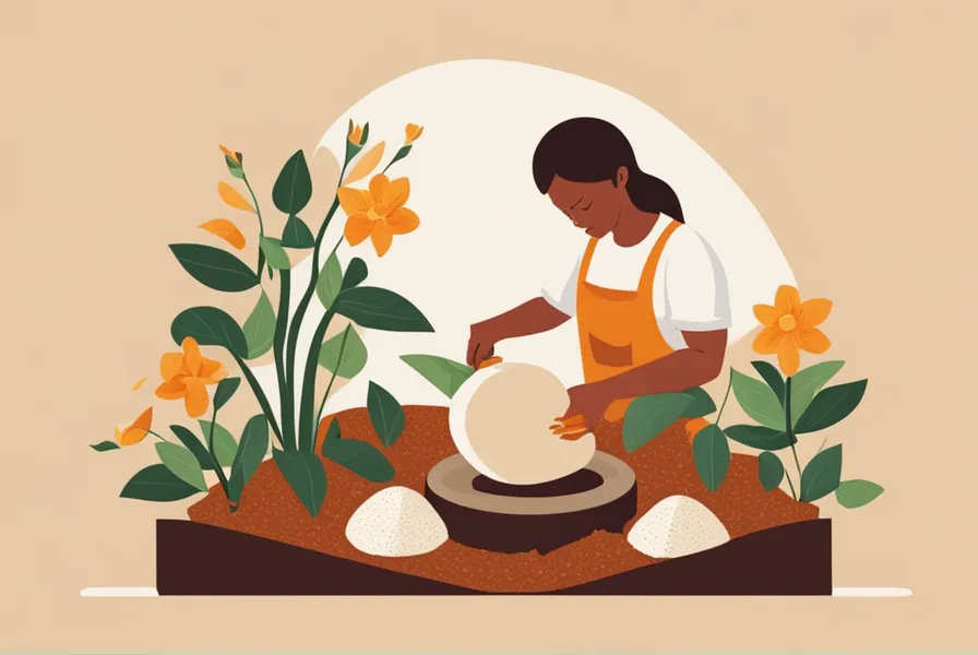 illustration of a person grinding eggshells into a garden bed.