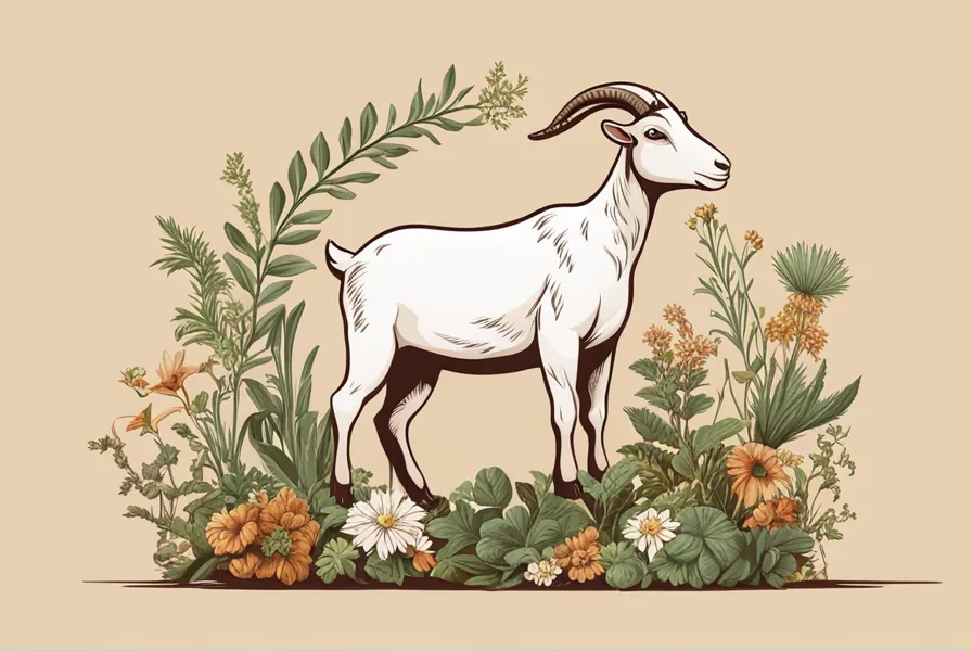 An illustration of a goat with various herbs and plants around it, representing natural wormers for goats.
