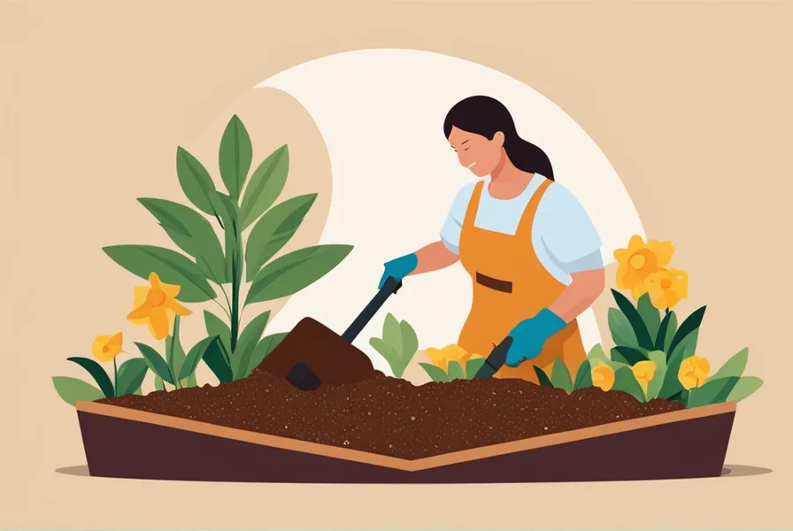 An illustration of a person mulching and watering a garden bed with eggshell powder.