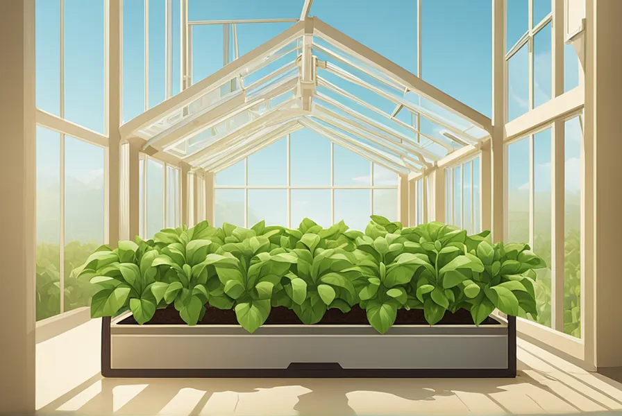 illustration of a hydroponic plant growing outdoors in natural sunlight, with a greenhouse in the background providing a controlled environment.