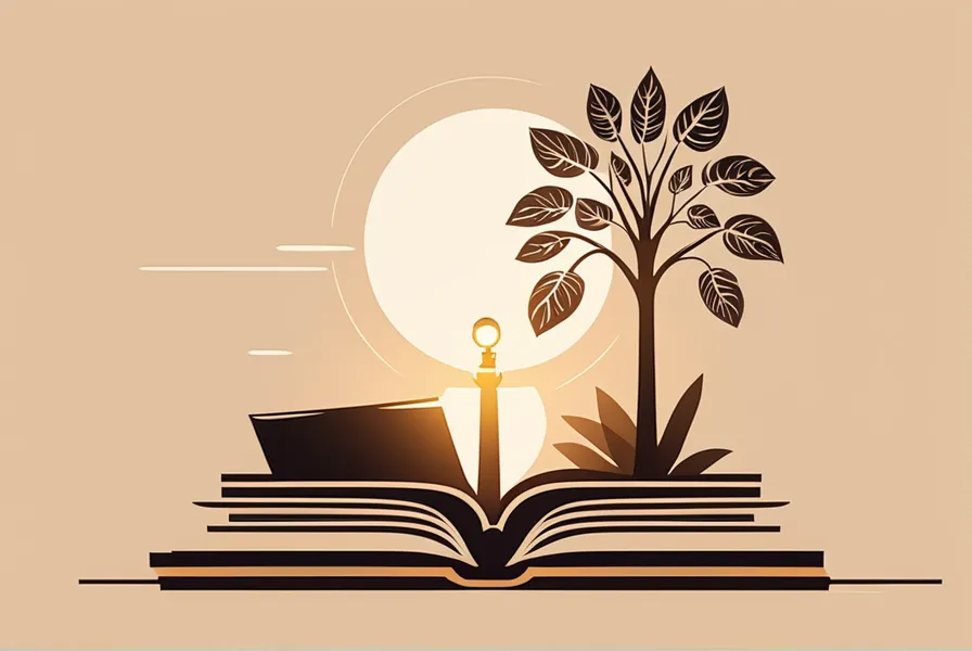 illustration of a plant growing under a lamp, with a person holding a research book nearby.