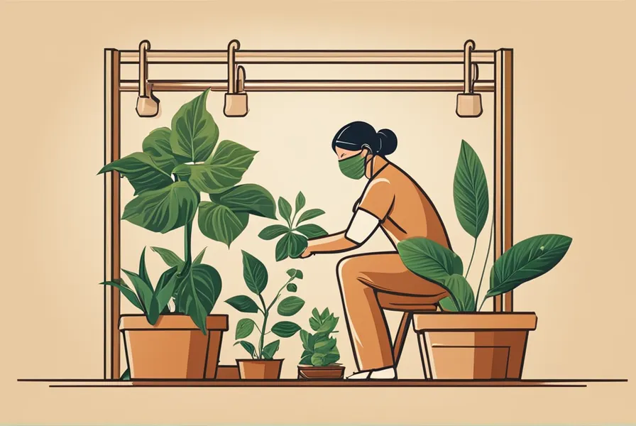illustration of a person caring for plants and using proper techniques, with a separate image of a plant being quarantined.