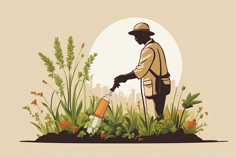 illustration of a person using a spray bottle to control weeds, with options for commercial herbicides and vinegar shown as alternative methods.