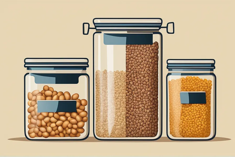 illustration of airtight storage containers with various grains and legumes inside.