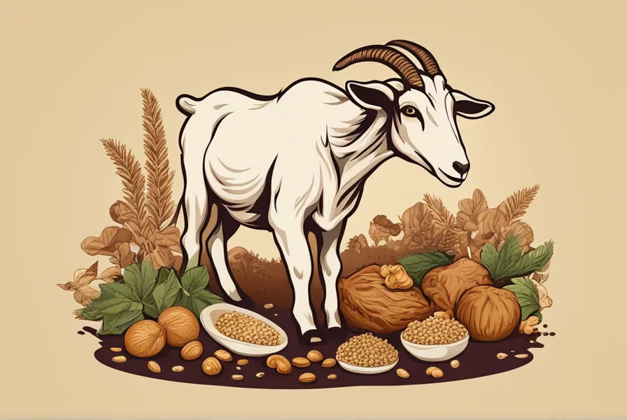 illustration of a goat eating various types of food, including walnuts, mushrooms, blackberry bushes, peanut hay, and goat feed.